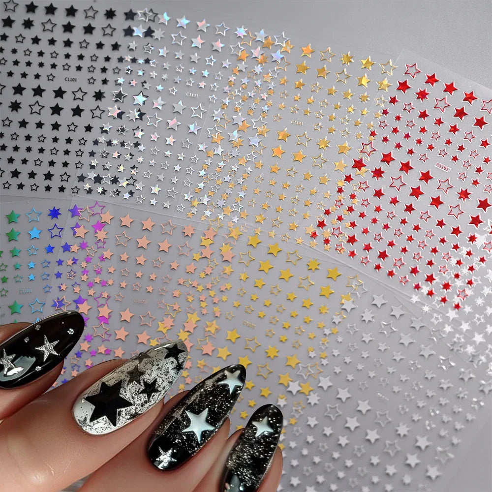 9Pcs 3D Sliver Stars Nails Stickers Bronzing Star Nail Art Decals For DIY Nail Art Decoration Self Adhesive Nail Manicure Parts* (Online Order Only)