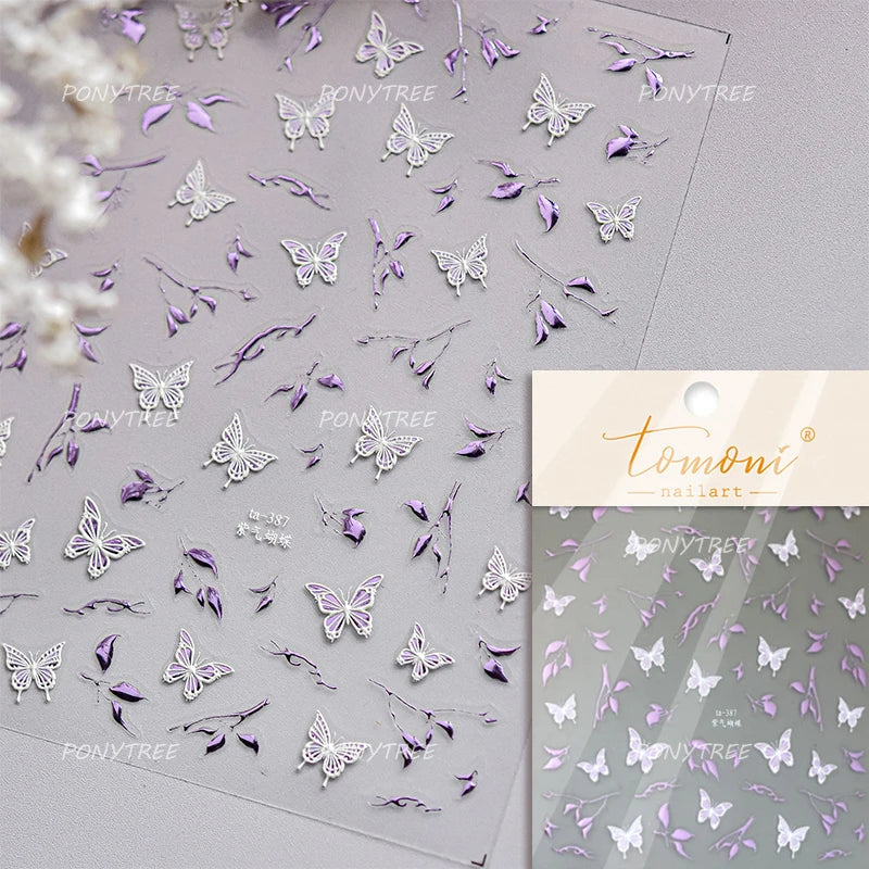 Hot Stamping Purple Line Love Heart Lace Bowknot Chain Branches Star Flower Leaf Butterfly Plant Flower Nail Art Stickers Decals (Online Order Only)
