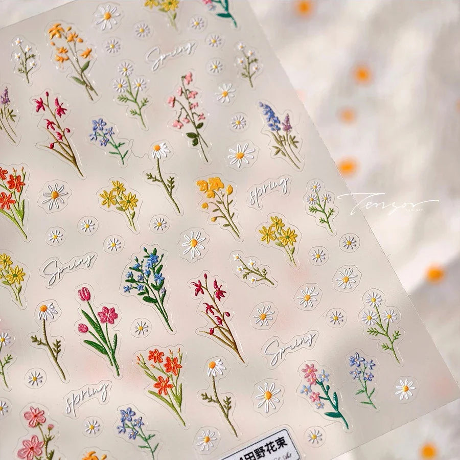 Field Bouquet Canola Flowers Daisy Tulip Garden Lavender Spring Embossed Reliefs Self Adhesive Nail Art Stickers Manicure Decals (ONLINE ORDER ONLY)