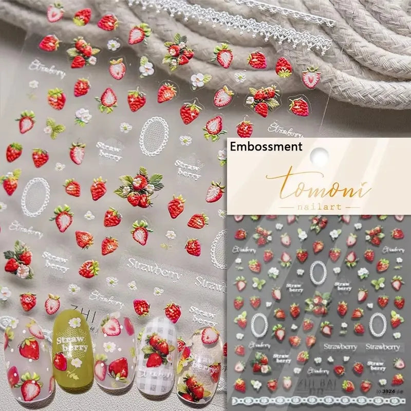 Chic Cute Cheese Ice Cream Pudding Bowknot Strawberry Muffin Stars Cake Embossed Heart Adhesive Nail Art Sticker Manicure Decals (ONLINE ORDER ONLY)