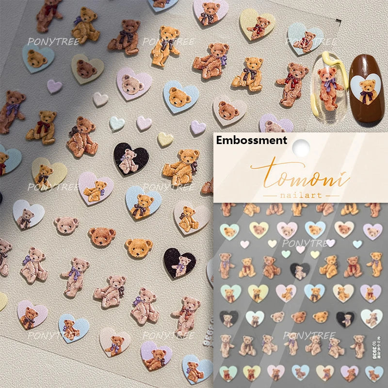 Cute Bear Teddy Birthday Party Maillard Bear Cake Flower Bouquet Lucky Love Heart 5D Adhesive Nail Art Sticker Manicure Decals (Online Order Only)