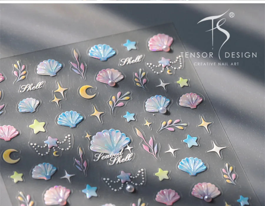 Romantic Pink Blue Shell Sea Grass Star Moon Summer Self Adhesive Nail Art Stickers Leaves Reliefs Manicure Decals Wholesale (ONLINE ORDER ONLY)