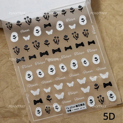 Dreamy White Lace Bowknot Purple Pink Gradual Tulip Flower Butterfly Garden Relief Adhesive Nail Art Stickers Manicure Decals (Online Order Only)