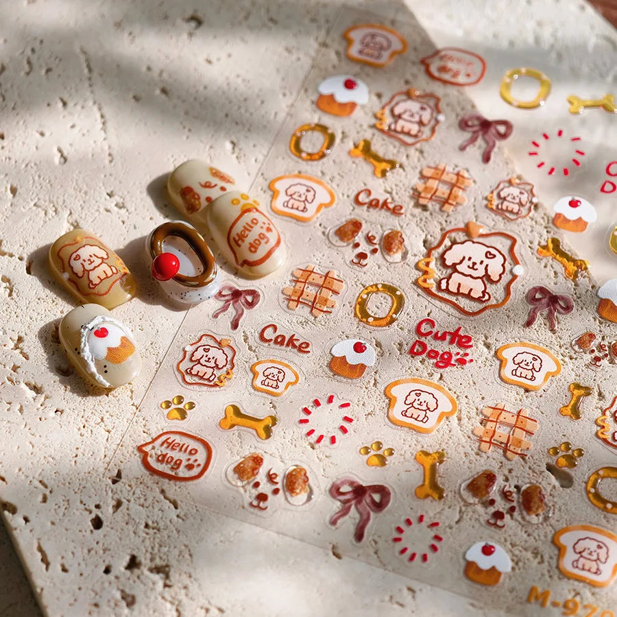 Lovely Dog Bone Bowknot Bread Graffiti Cake Cherry 3D Line Paw Adhesive Nail Art Stickers Cute Cartoon Manicure Decals Wholesale (ONLINE ORDER ONLY)