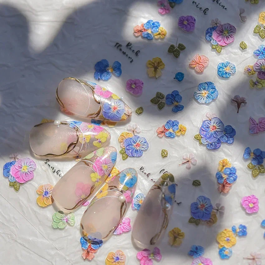 Colorful Embroidery Peony Pearl Full-blown Flower Rhinestone Chinese Luxury Relief Self Adhesive Nail Art Sticker Manicure Decal (Online Order Only)