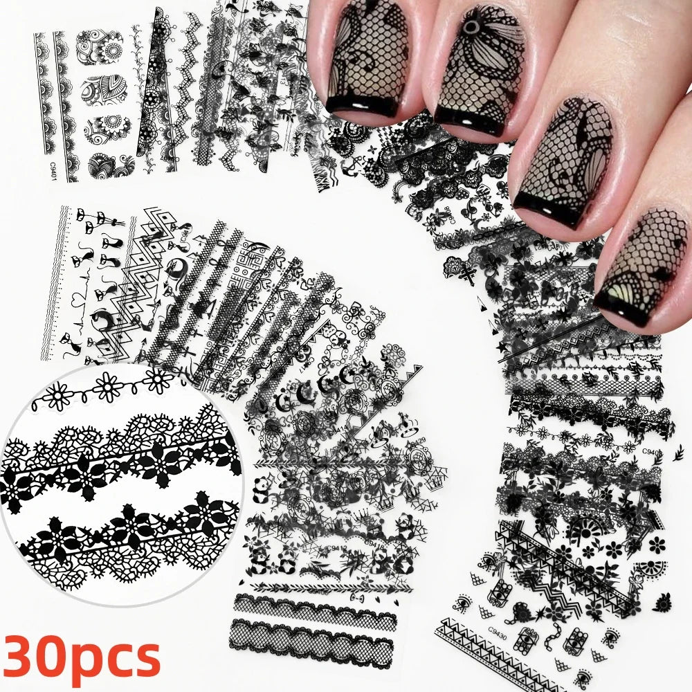 30Pcs/Set Red Golden 3D Nail Art Sticker Hot Stamping Hollow Decals Mixed Designs Adhesive Flower Nail Tips Letter Butterfly Set (Online Order Only)
