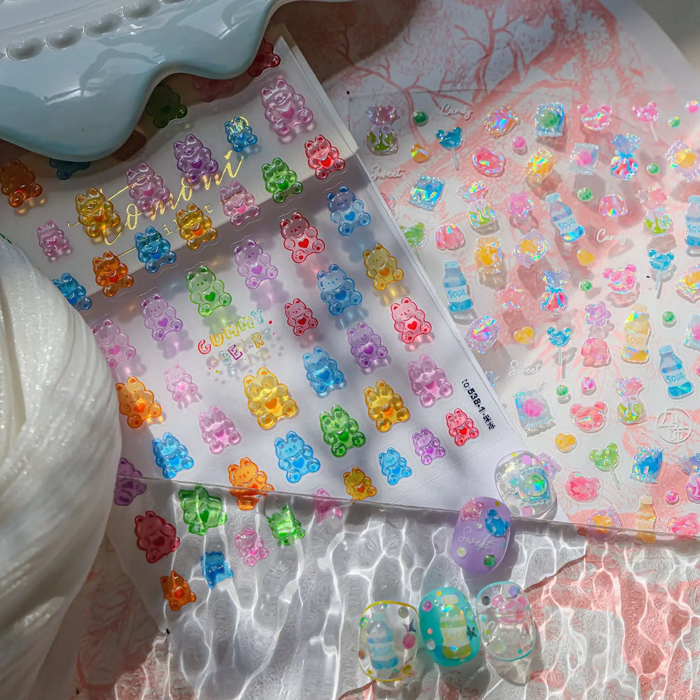 Colourful Jelly Rabbit Bunny Gummy Bear Cute Lollipop Soda Water Candy Snack Pudding Star Heart Nail Art Stickers Manicure Decal (ONLINE ORDER ONLY)