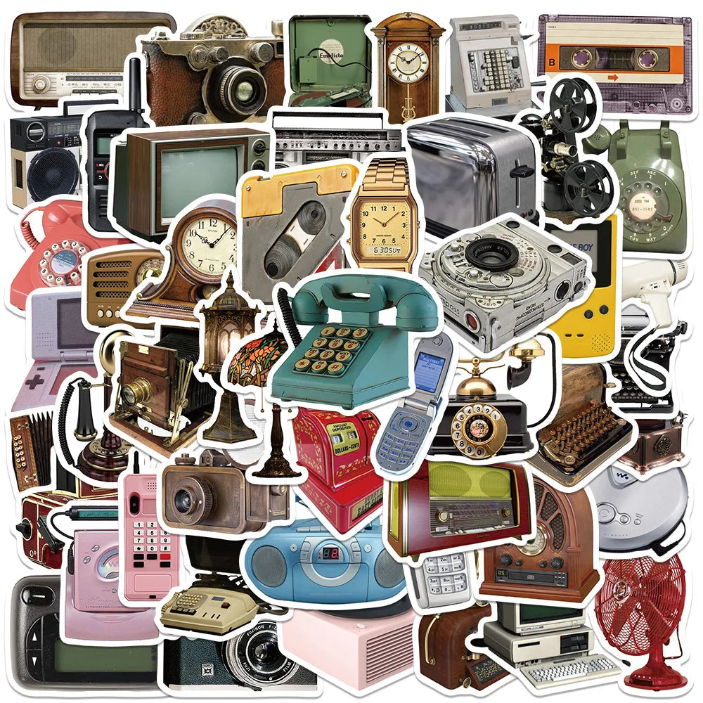 Vintage Electronics Stickers Retro Phone Clock Decals DIY Notebook Fridge Laptop Bike Car Toy (Online Order Only)