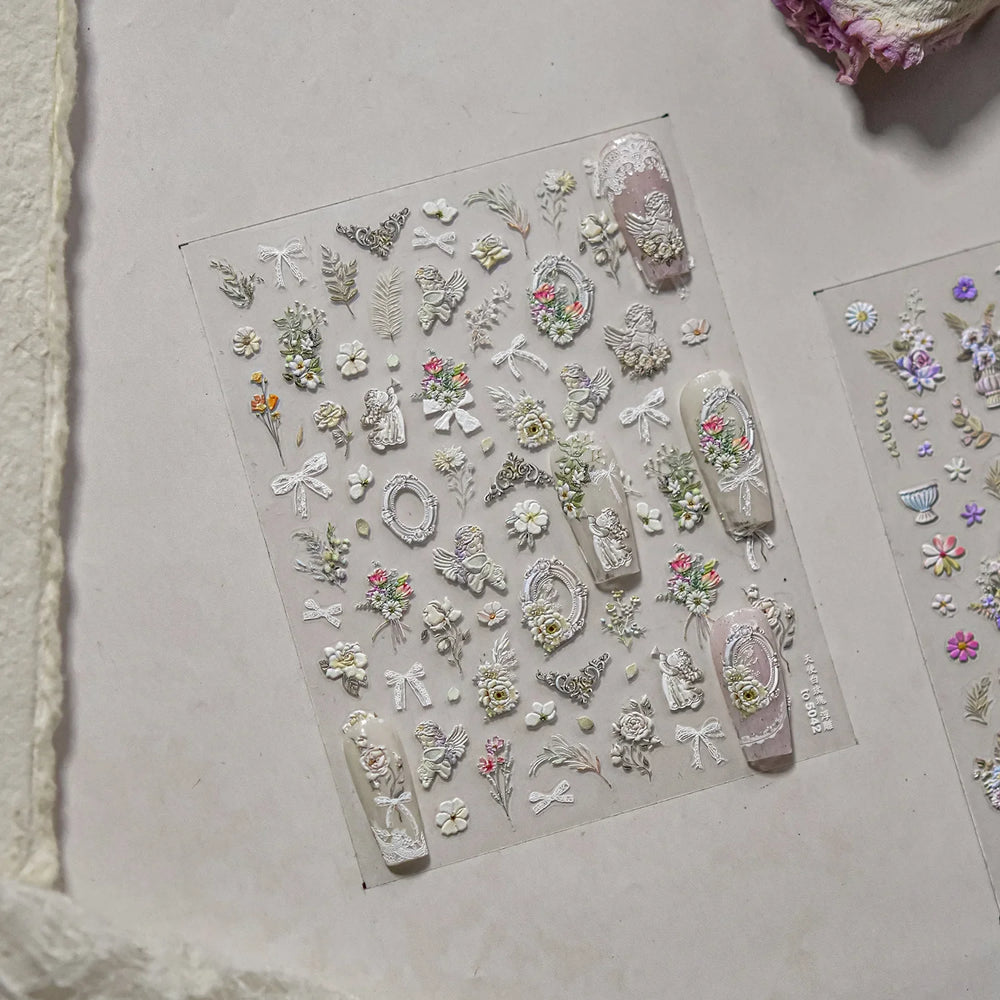 Angel Bowknot Stone Statue Vintage Photo Frame Flower Bed Bouquet Garden Rose Crown Adhesive Nail Art Stickers Manicure Decals (ONLINE ORDER ONLY)