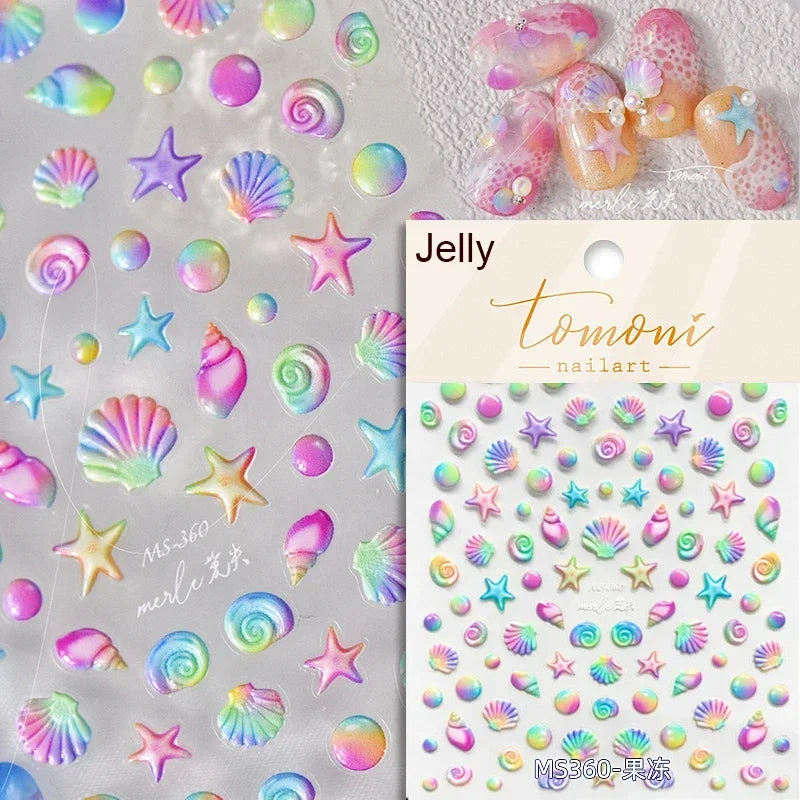 Summer Beach Dreamy Water Bubble Mermaid Shell Conch Starfish Jellyfish Soft Relief Decoration Nail Art Stickers Manicure Decals (ONLINE ORDER ONLY)