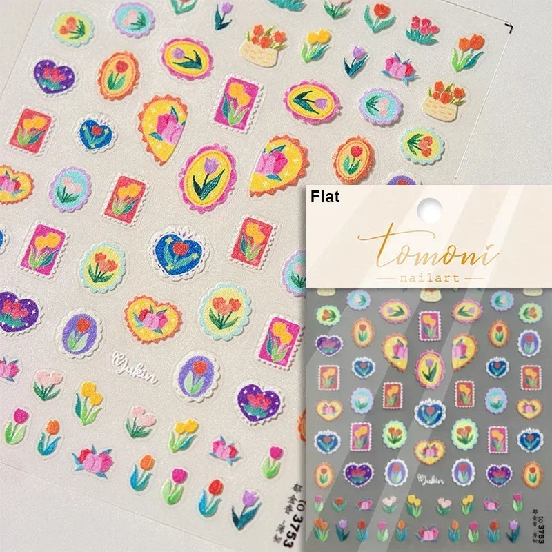 Chic Retro Rose Photo Frame Dried Flower Petal Self Adhesive Nail Art Stickers 5D Hot Stamping Relief Rhinestone Manicure Decals (Online Order Only)