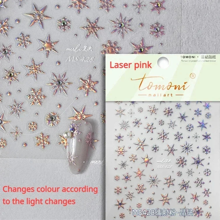 Winter Christmas Crystal Delicate Hexagon Romantic Laser Silver Chic Snowflakes Self Adhesive Nail Art Sticker 5D Manicure Decal (ONLINE ORDER ONLY)