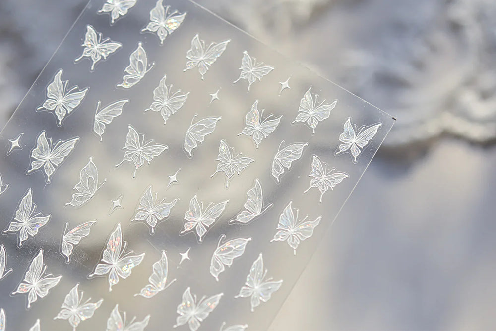 Chic Beautiful White Butterfly Shiny Lace Star Adhesive Nail Art Stickers Animals Charm Snowflake Manicure Decals Nail Supplies (Online Order Only)