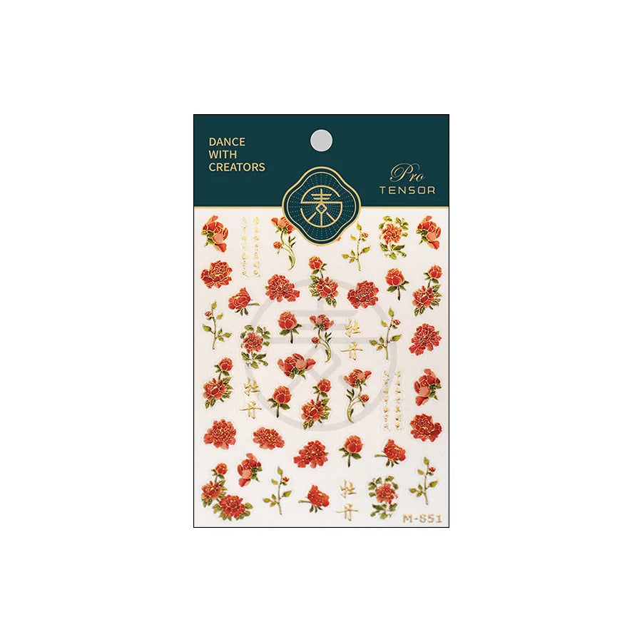 Retro Chinese Characters Charming Rich Peony Delicate Rose Flowers Soft Relief Adhesive Nail Art Stickers Chic Manicure Decals (ONLINE ORDER ONLY)