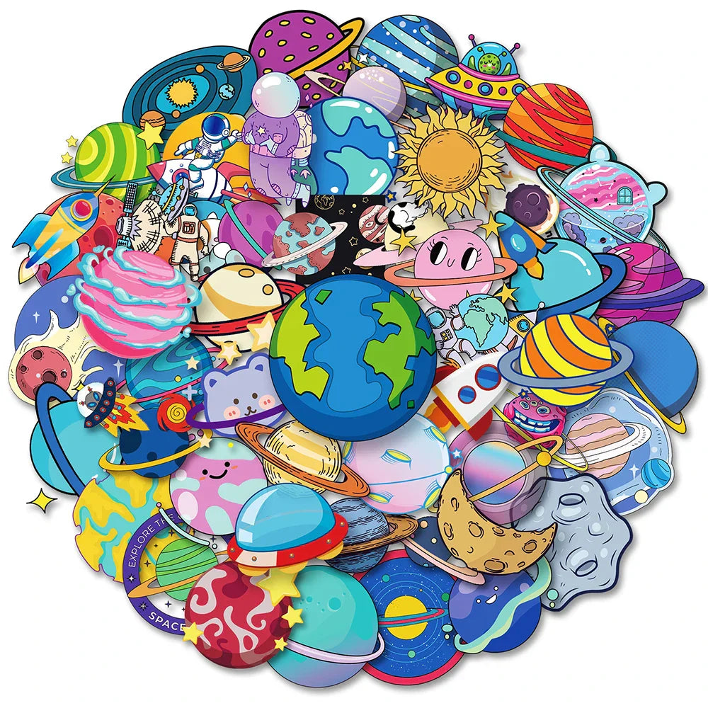 Cosmic Planet Cartoon Stickers: Waterproof Decals for Laptop, Guitar, Motorcycle, Fridge, Travel (10/30/50PCS) (ONLINE ORDER ONLY)