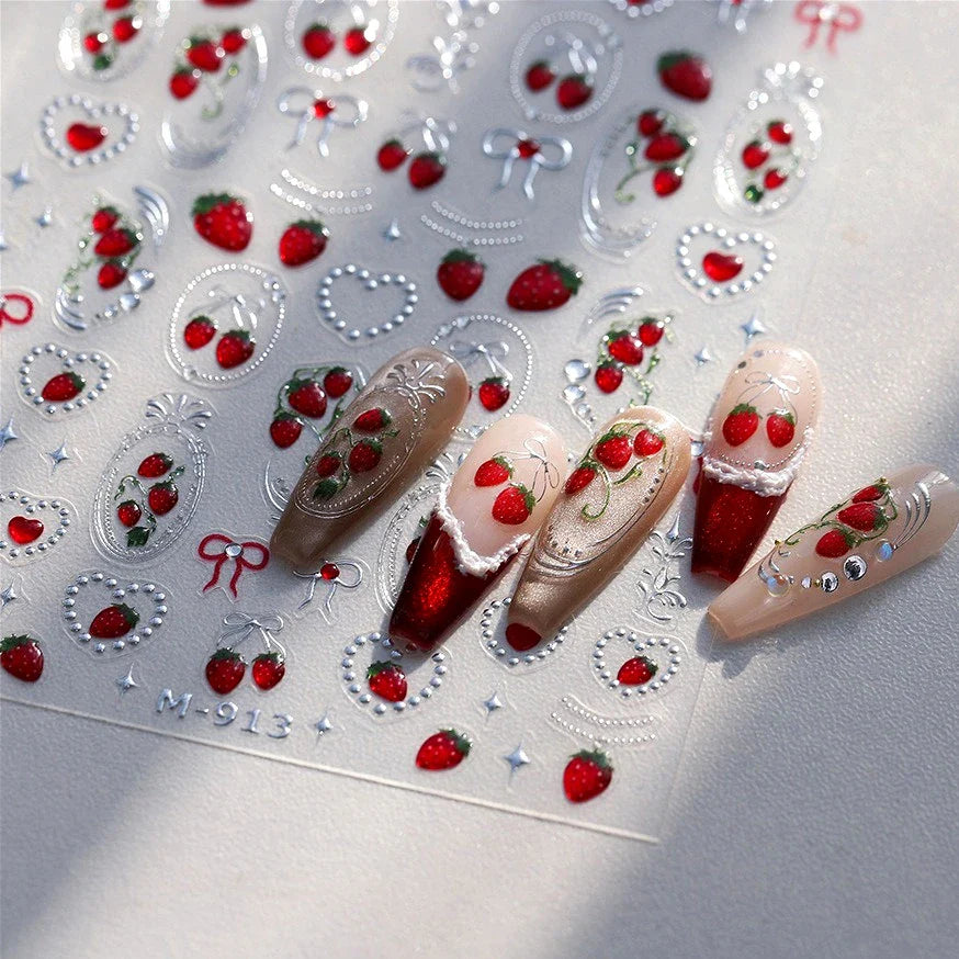 Lovely Red Seductive Strawberry Line Bowknot Love Heart Star Jelly Cherry Delicate Self Adhesive Nail Art Sticker Manicure Decal (ONLINE ORDER ONLY)