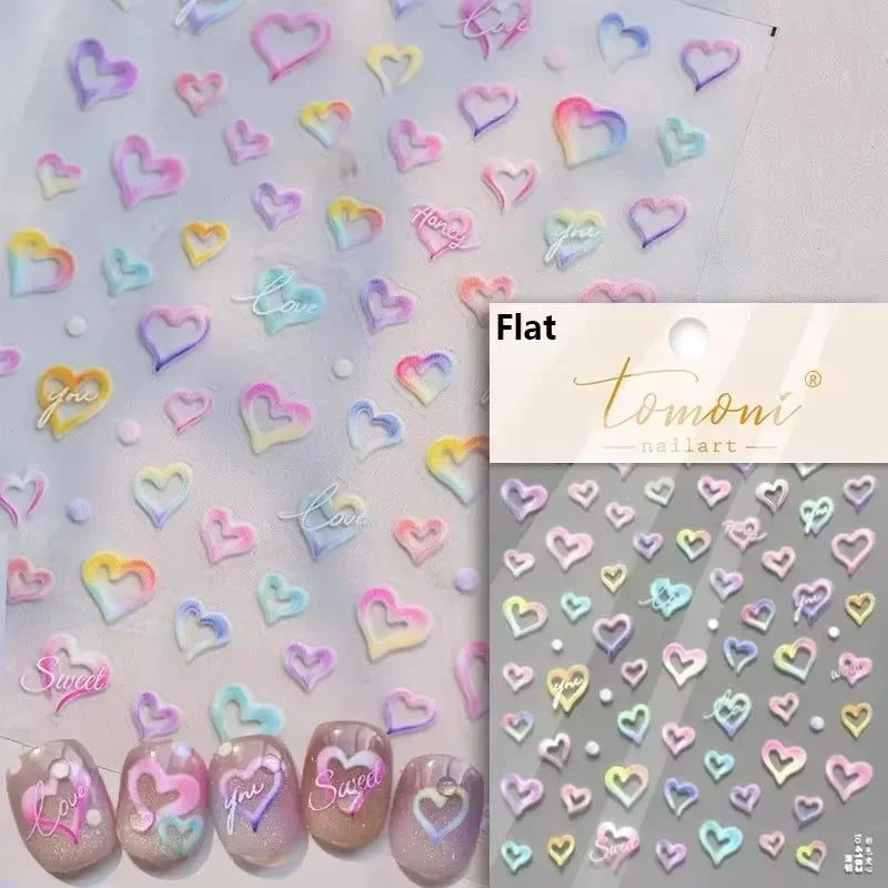 Flat Small Pink Brown Halo Dyeing Love Heart Geometric Leopard Shiny Jelly Chic Embossed Relief Nail Art Stickers Manicure Decal (Online Order Only)