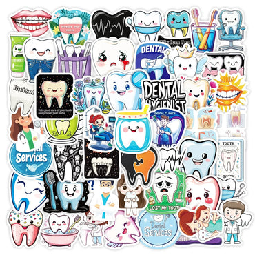 10/50pcs Funny Dental Stickers Dentist Sticker Care for Teeth Cartoon Decals Graffiti DIY Luggage Laptop Phone Car Skateboard (Online Order Only)