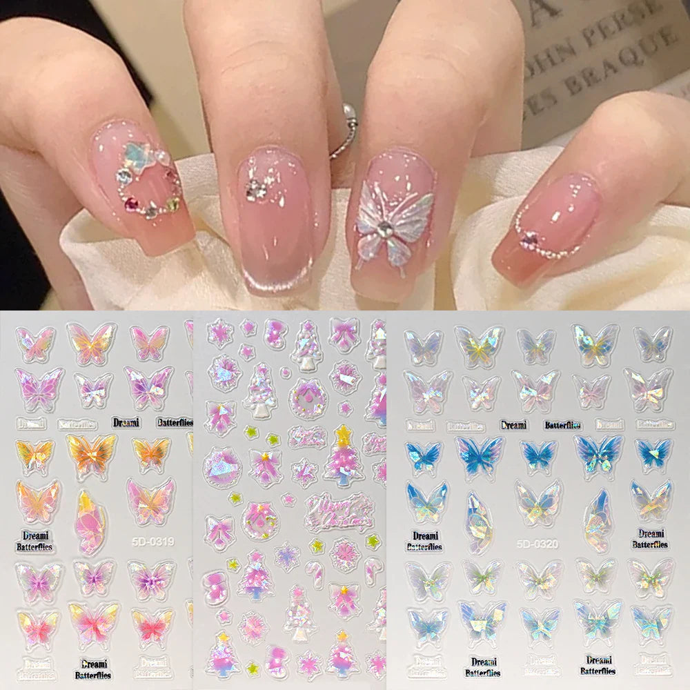 1pc Aurora Butterfly Nail Stickers Pink Butterfly Shell Light Beam Angel Wings Sliders Fairy Light & Lively Translucent Nail Dec (ONLINE ORDER ONLY)