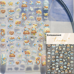 Lovely Bear Strawberry Cake Rose Flower Grid Block Bowknot Embossed Relief Self Adhesive Nail Art Sticker Cute 3D Manicure Decal (ONLINE ORDER ONLY)