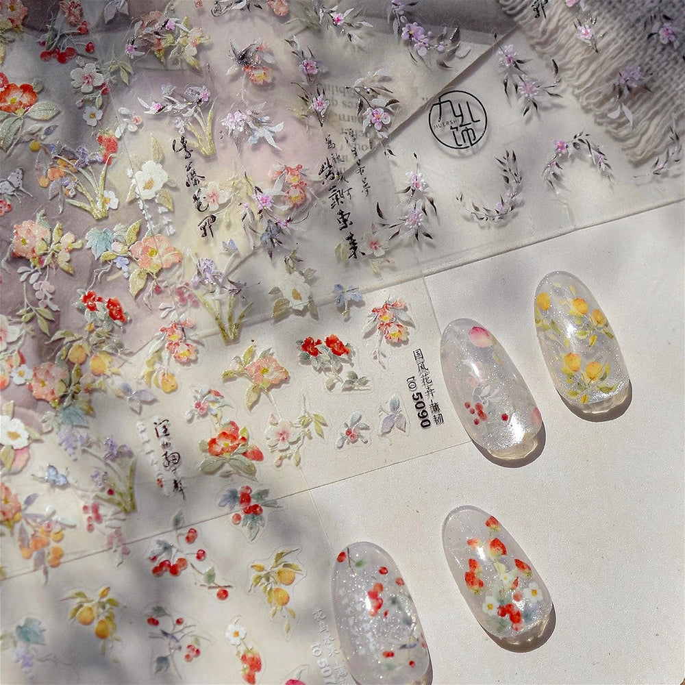 Antique Flowers Bird Swallow Fruit Narcissus Orchid Oranges Peaches Grape Cherry Strawberries Nail Art Stickers Manicure Decals (ONLINE ORDER ONLY)