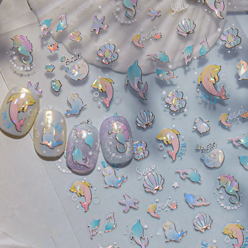 Colored Whale Seahorse Shell Crab Otter Pearl Oyster Starfish Ocean Dreamy Adhesive Nail Art Stickers Manicure Decals Wholesale (ONLINE ORDER ONLY)