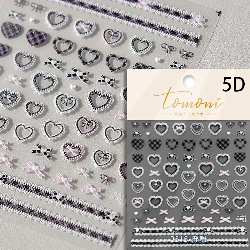 French Style Colorful Square Grid Rhombus Stripe Bowknot Line 3D Self Adhesive Nail Art Stickers Shiny Rhinestone Manicure Decal (Online Order Only)