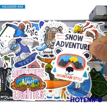 50pcs Snow Adventure Alpine Nordic Freestyle Skiing Cartoon Graffiti Phone Laptop Stickers for Motorcycle Car Waterproof Sticker (ONLINE ORDER ONLY)