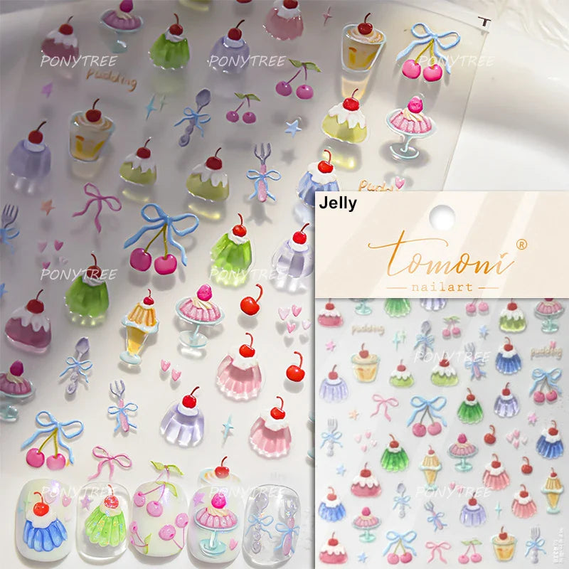 Lovely Green Pink Cherry Pudding Claw Paw Love Heart Bowknot Soft Embossed Reliefs Adhesive Nail Art Stickers Manicure Decals (ONLINE ORDER ONLY)