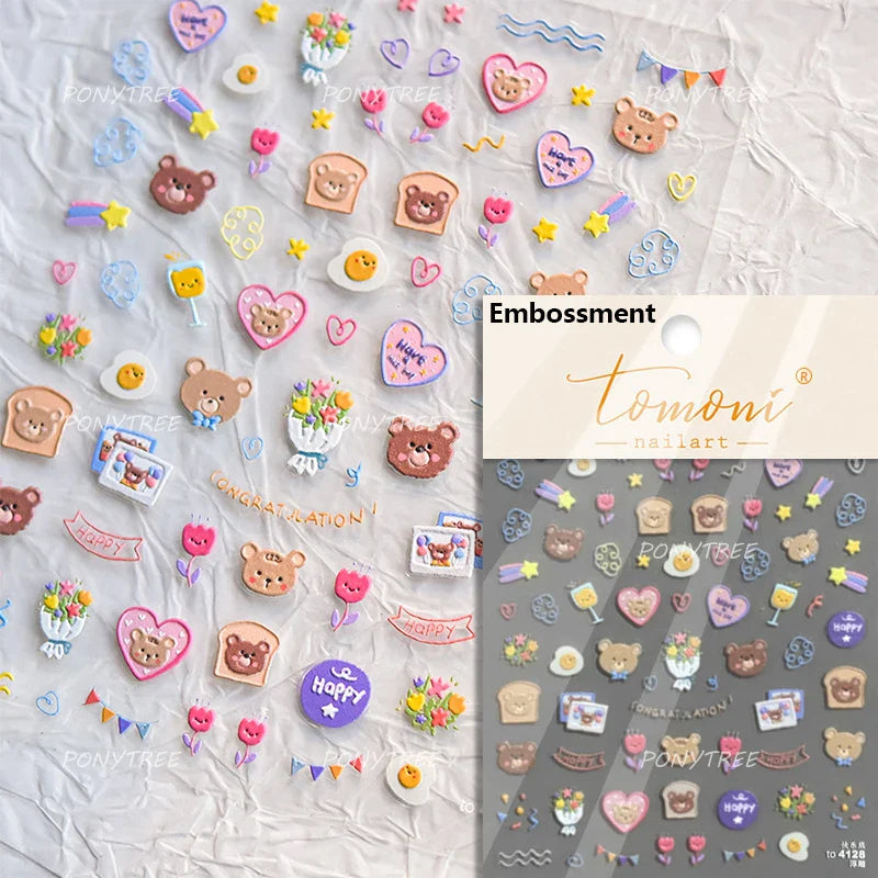 Charm Retro Bear Candy Cake Bowknot Rabbit Bunny Strawberry Footprint Muffin 3D Adhesive Nail Art Stickers Chic Manicure Decals (ONLINE ORDER ONLY)