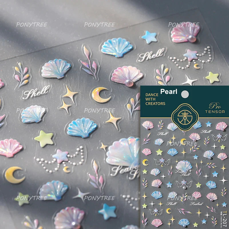 Romantic Pink Blue Shell Sea Grass Star Moon Summer Self Adhesive Nail Art Stickers Leaves Reliefs Manicure Decals Wholesale (ONLINE ORDER ONLY)