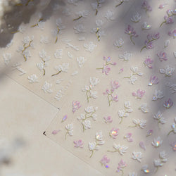 Translucent White White Pink Magnolia Rose Flower Floral Soft Embossed Relief Adhesive Nail Art Stickers Chic 3D Manicure Decals (ONLINE ORDER ONLY)
