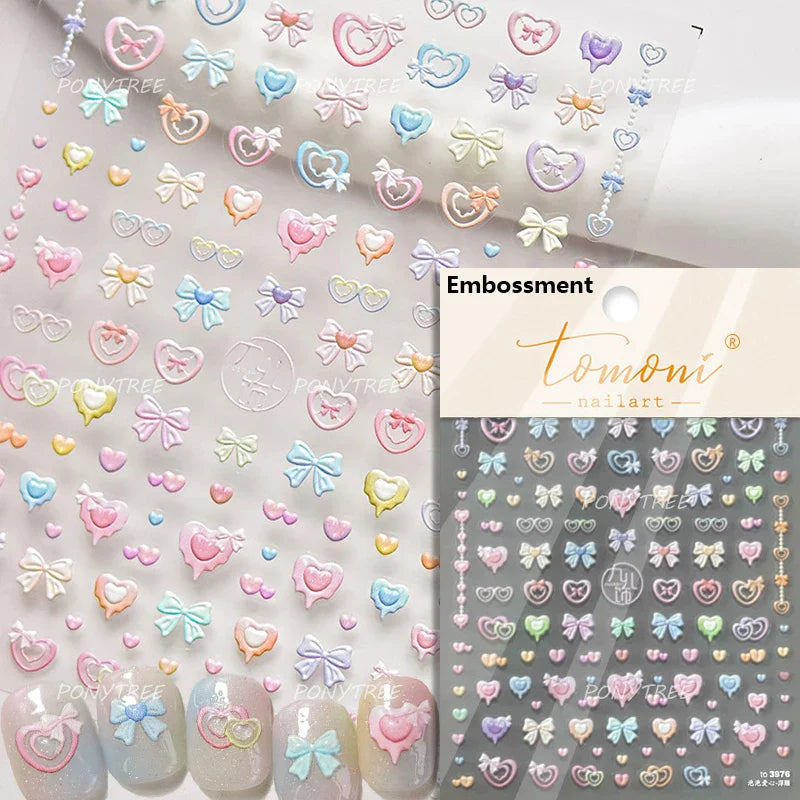Chic Red Bowknot Silk Ribbon Pearl Elegant Line Self Adhesive Nail Art Stickers Dressy Rhinestone Manicure Decals Nail Supplies (Online Order Only)
