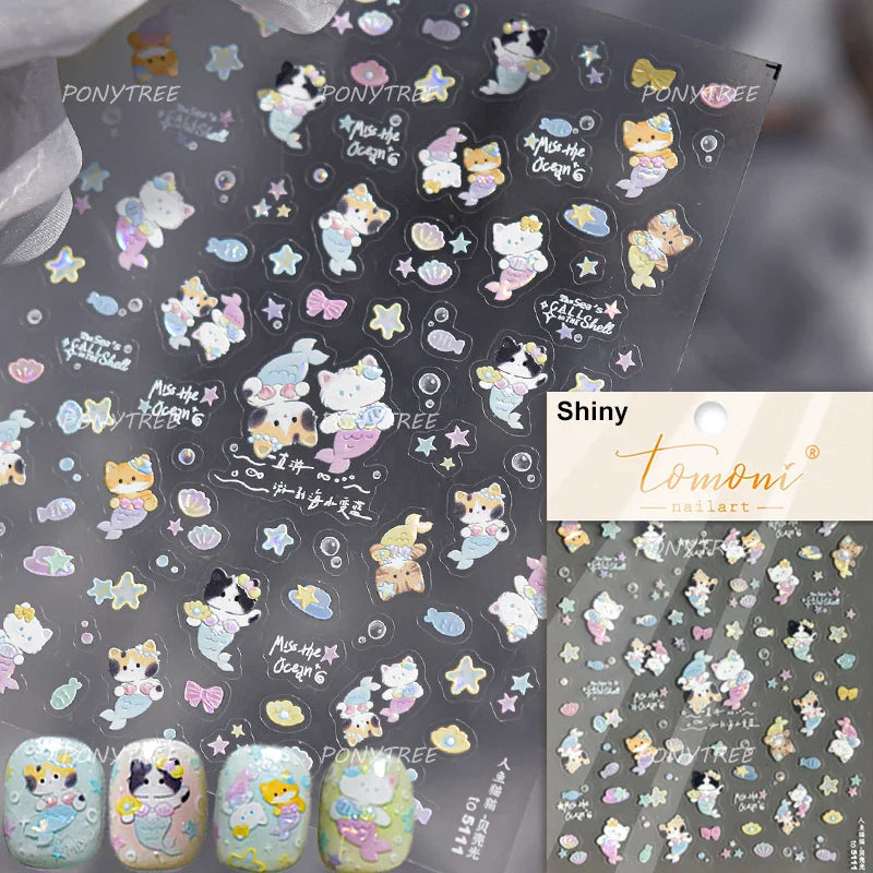 Colourful Ray Jellyfish Otter Cat Mermaid Octopus Starfish Bubbles Conch Shell Bowknot Summer Marine Nail Art Stickers Decals (ONLINE ORDER ONLY)