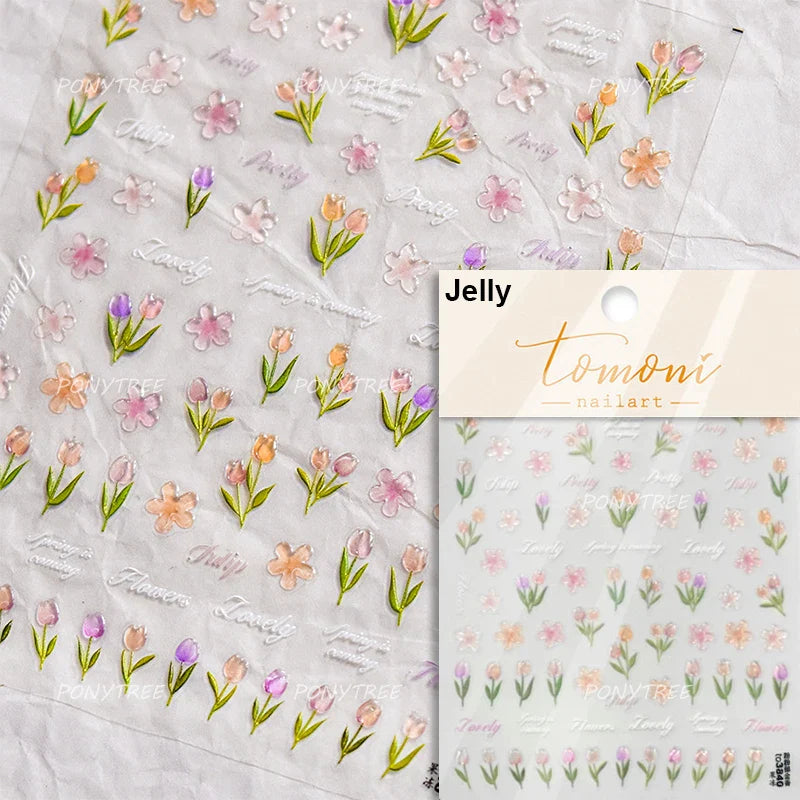 Retro Border Colourful Pink Purple Tulip Flower Bouquet Garden Fragrant 5D Soft Relief Adhesive Nail Art Sticker Manicure Decals (ONLINE ORDER ONLY)