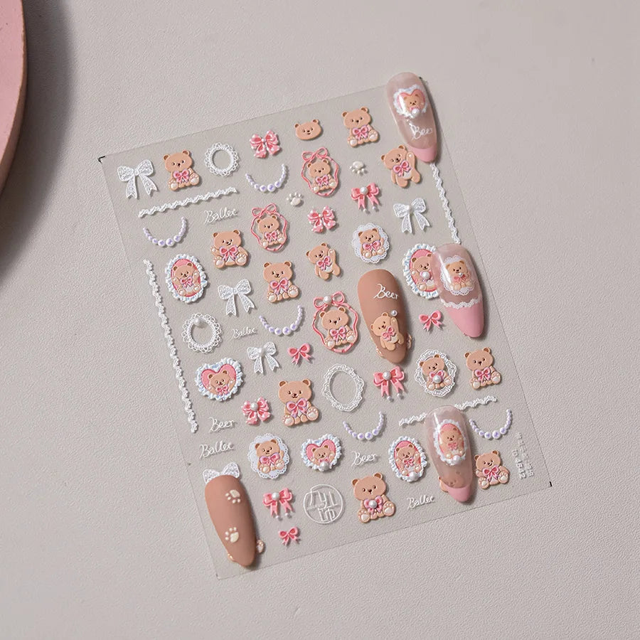 Retro Love Heart White Lace flower Bowknot Tie Pink Bear Flower Strawberry Adhesive Nail Art Stickers Rhinestone Manicure Decals (ONLINE ORDER ONLY)