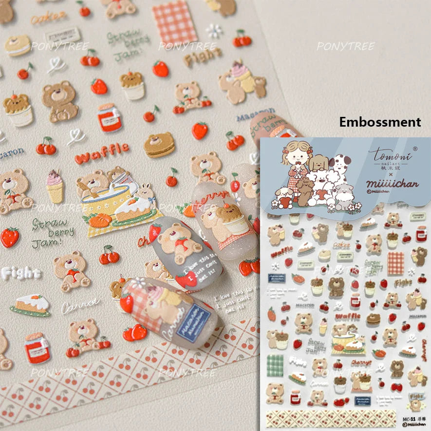 Charm Retro Bear Candy Cake Bowknot Rabbit Bunny Strawberry Footprint Muffin 3D Adhesive Nail Art Stickers Chic Manicure Decals (ONLINE ORDER ONLY)