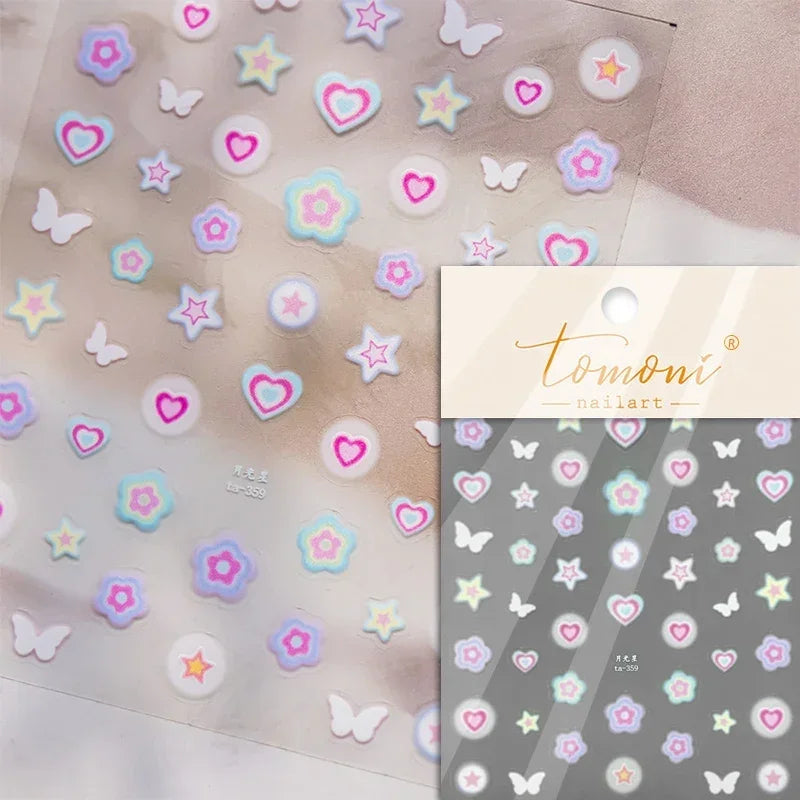 Flat Small Pink Brown Halo Dyeing Love Heart Geometric Leopard Shiny Jelly Chic Embossed Relief Nail Art Stickers Manicure Decal (Online Order Only)