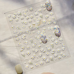 Cute Beige Yellow Pristine Fresh Daisy Flower 5D Shiny Soft Embossed Relief Charm Self Adhesive Nail Art Stickers Manicure Decal (ONLINE ORDER ONLY)