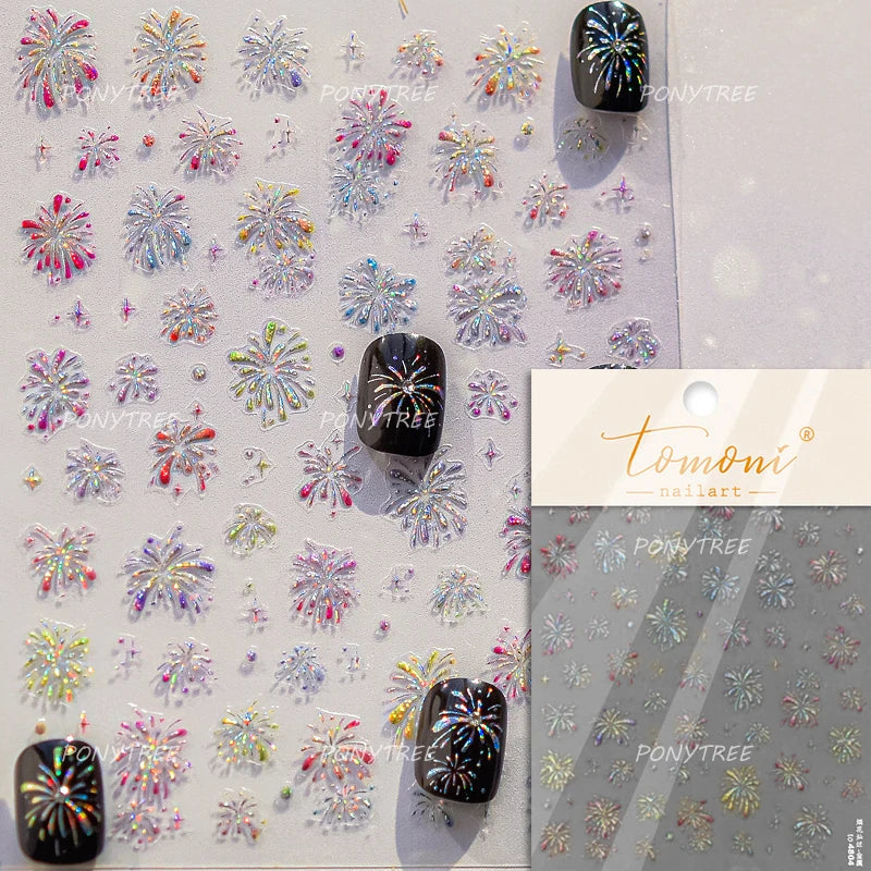 Colorful Fireworks Burst Hot Stamping Process Laser Pink Bright Romantic Self Adhesive Nail Art Stickers Chic Manicure Decals (ONLINE ORDER ONLY)