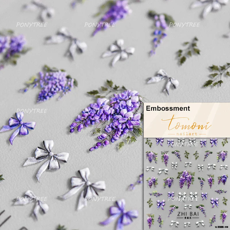Chic Lavender Tulip Flower Bowknot Totem Center Symmetric Pattern Daisy Line Gird Self Adhesive Nail Art Stickers Manicure Decal (ONLINE ORDER ONLY)