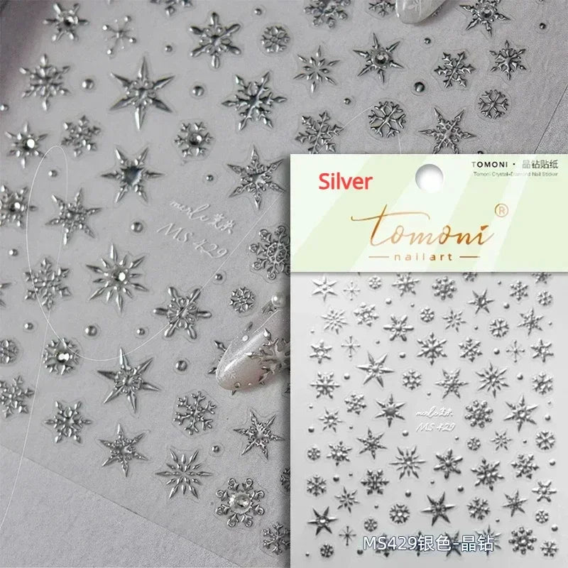 Shiny White Pink Blue Gold Snowflakes Hexagon Water Bubbles Winter 5D Self Adhesive Nail Art Stickers Rhinestone Manicure Decals (ONLINE ORDER ONLY)