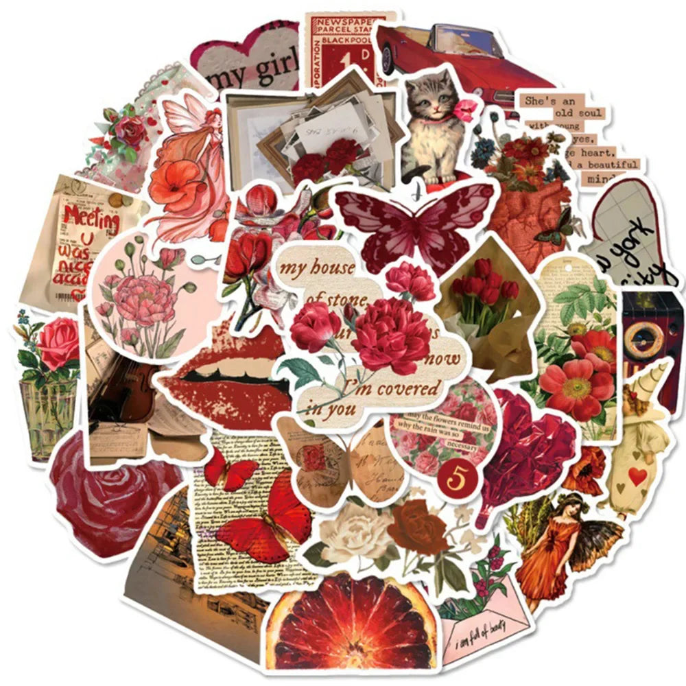 Vintage Red Cartoon Stickers Pack - Waterproof Decals for Skateboard, Fridge, Laptop, Phone (Online Order Only)