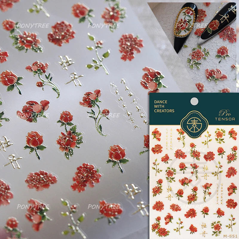 Peony Paeonia Lactiflora Rich Glory Flower Butterfly Ancient Fan Tassels Caved Window Adhesive Nail Art Sticker Manicure Decals (ONLINE ORDER ONLY)