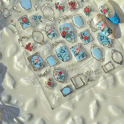 Chic Retro Rose Photo Frame Dried Flower Petal Self Adhesive Nail Art Stickers 5D Hot Stamping Relief Rhinestone Manicure Decals (Online Order Only)