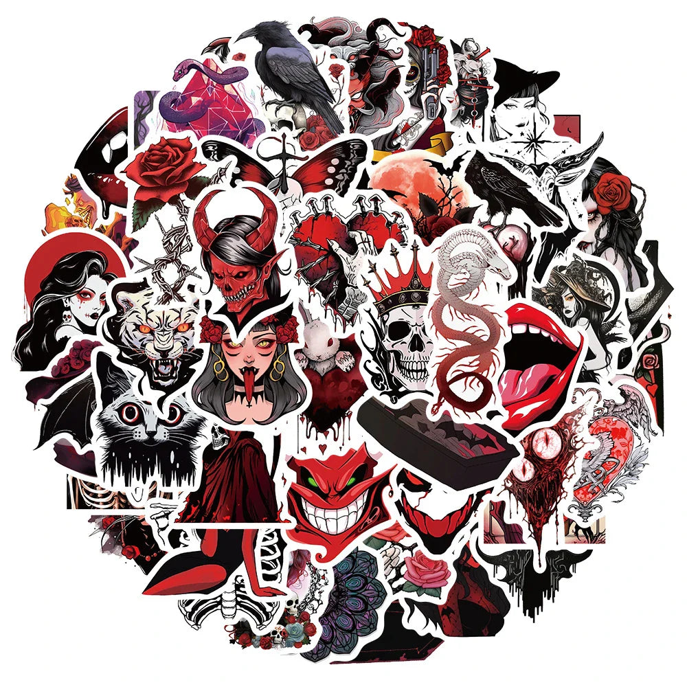 10/30/50pcs Art Red Cyberpunk Stickers Gothic Horror Graffiti Decal Skateboard Bike Laptop Scrapbooking Cool Cartoon Sticker Toy (ONLINE ORDER ONLY)