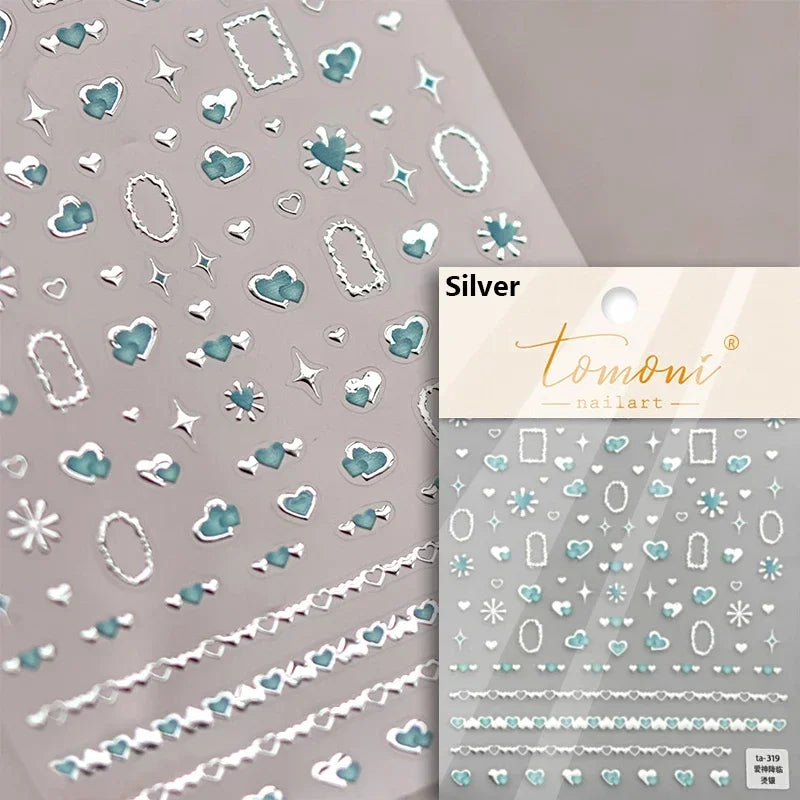 French Style Colorful Square Grid Rhombus Stripe Bowknot Line 3D Self Adhesive Nail Art Stickers Shiny Rhinestone Manicure Decal (Online Order Only)