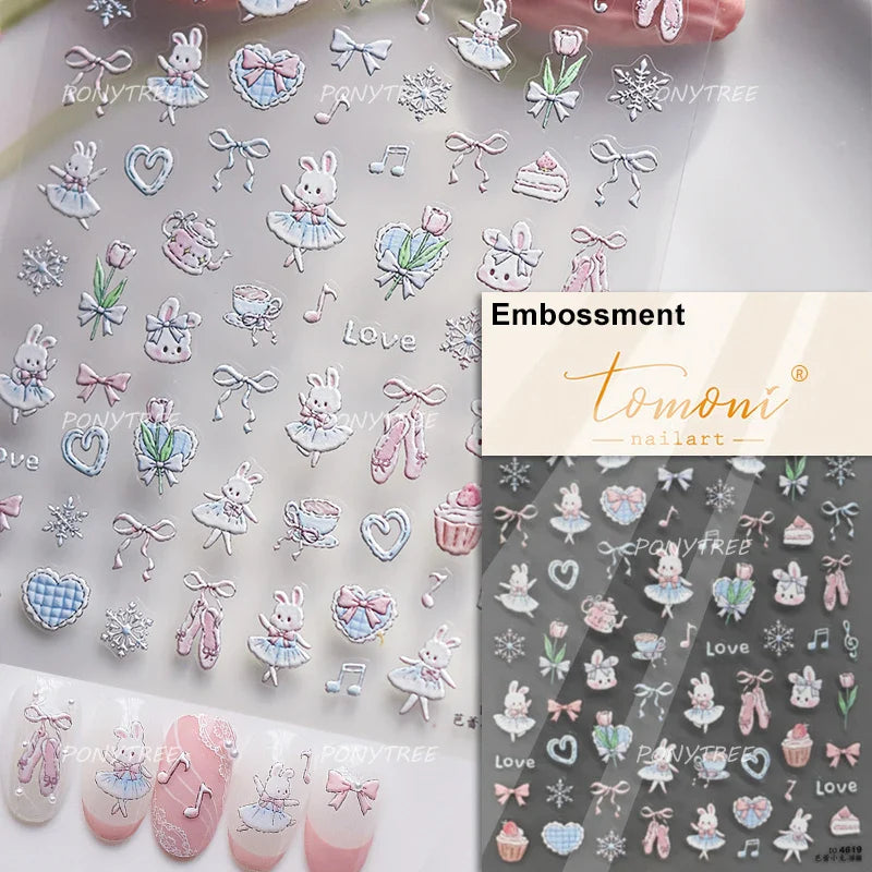 Lovely Bowknot Flower Shiny Star Love Heart Vibrant and Lively Tulip Moon Self Adhesive Nail Art Stickers Relief Manicure Decals (ONLINE ORDER ONLY)
