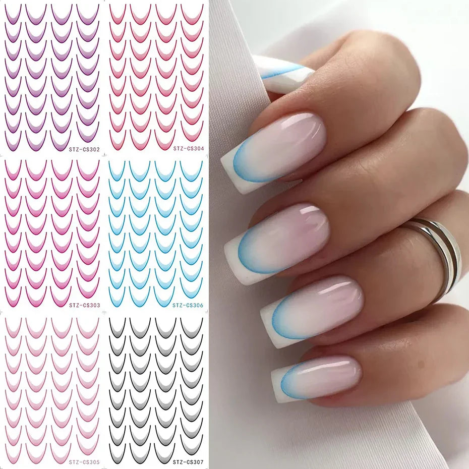 6pcs Gradient French Line Manicure Nail Art Stickers Self-Adhesive Decals Design Nail Tips Guides Decorations Stencil Manicure (Online Order Only)