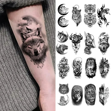 10pcs Waterproof Temporary Tattoo Sticker Dark Wolf Lion Tiger Eagle Snake Deer Skeleton Scorpion Body Art Arm Tattoo Women Men (ONLINE ORDER ONLY)